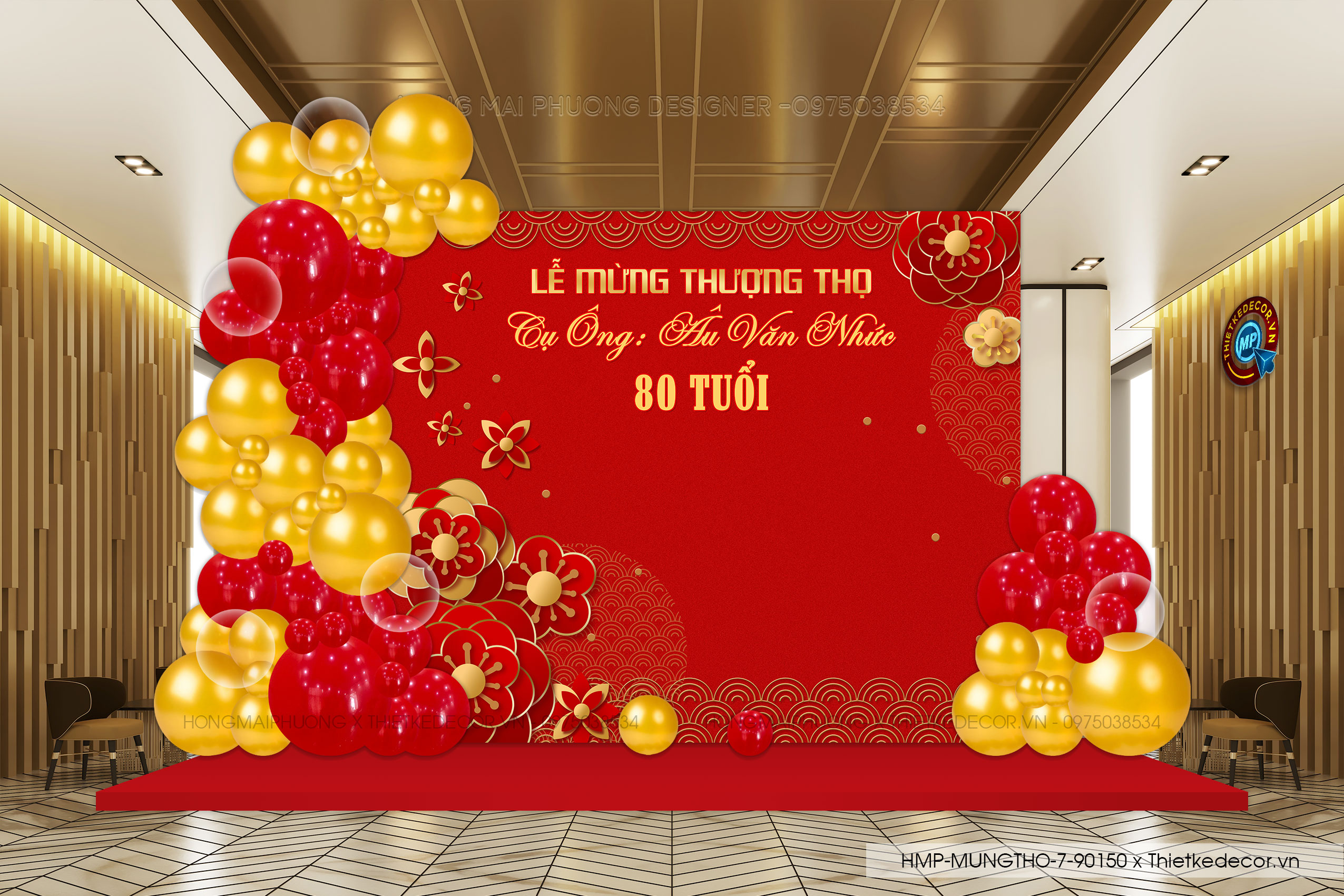 File thiết kế trang trí tiệc mừng thọ tone đỏ vàng sang trọng